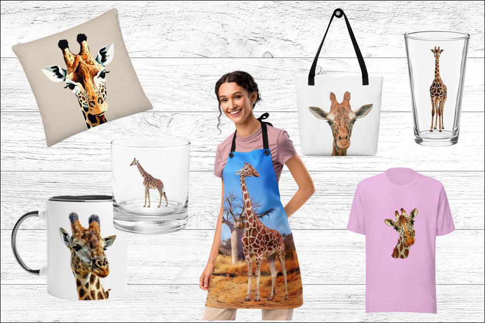 giraffe themed gifts on a white background